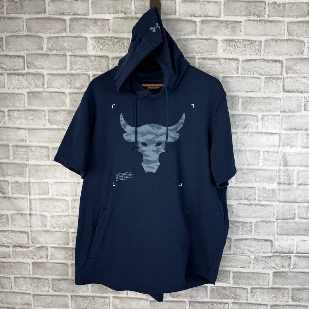 Under Armour Project Rock Mens XL Navy Blue Short Sleeve Hoodie Brahma Bull Logo